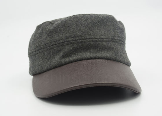 Kulit Unisex / Wol Militer Cap Curved Brown Leather Bill 58 CM