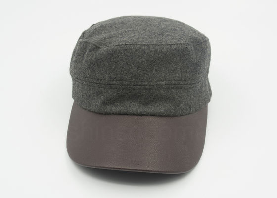 Kulit Unisex / Wol Militer Cap Curved Brown Leather Bill 58 CM