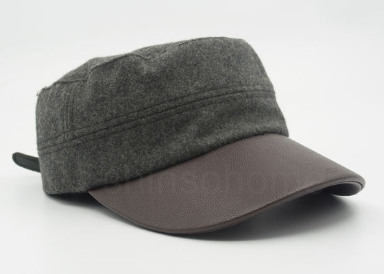 Kulit Unisex / Wol Militer Cap Curved Brown Leather Bill 58 CM